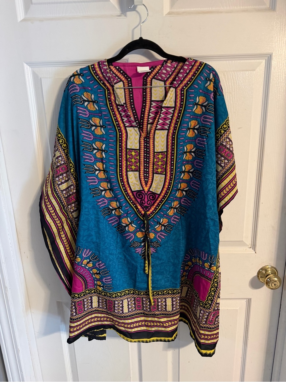 Vibrant Teal Dashiki Tunic with Pink & Yellow Accents